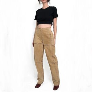 Vintage Y2K Tan Light Brown Leather Suede Pants Crotchet Trim Women’s Size L
